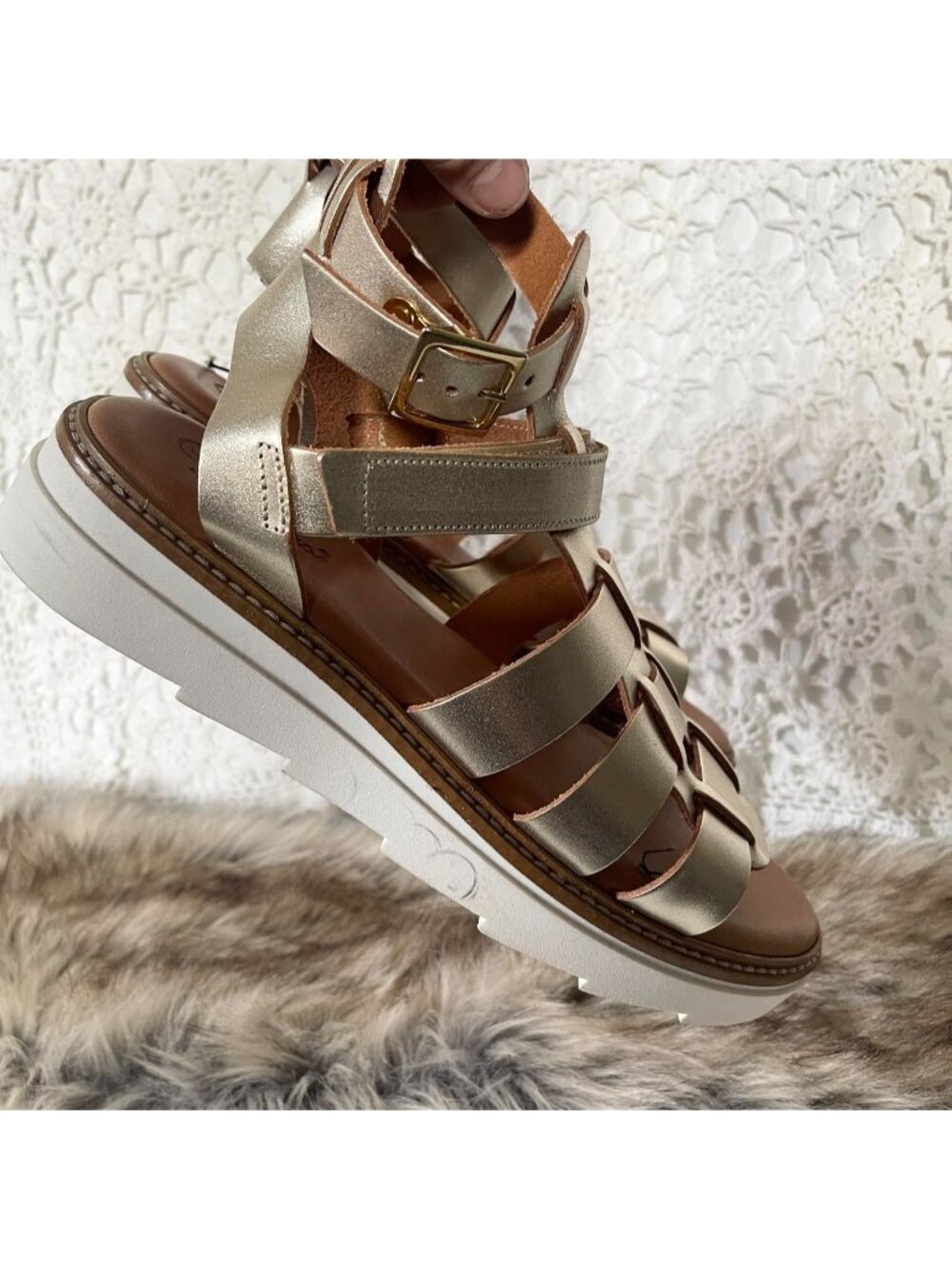 Womens metallic leather gladiator platform sandals shoes